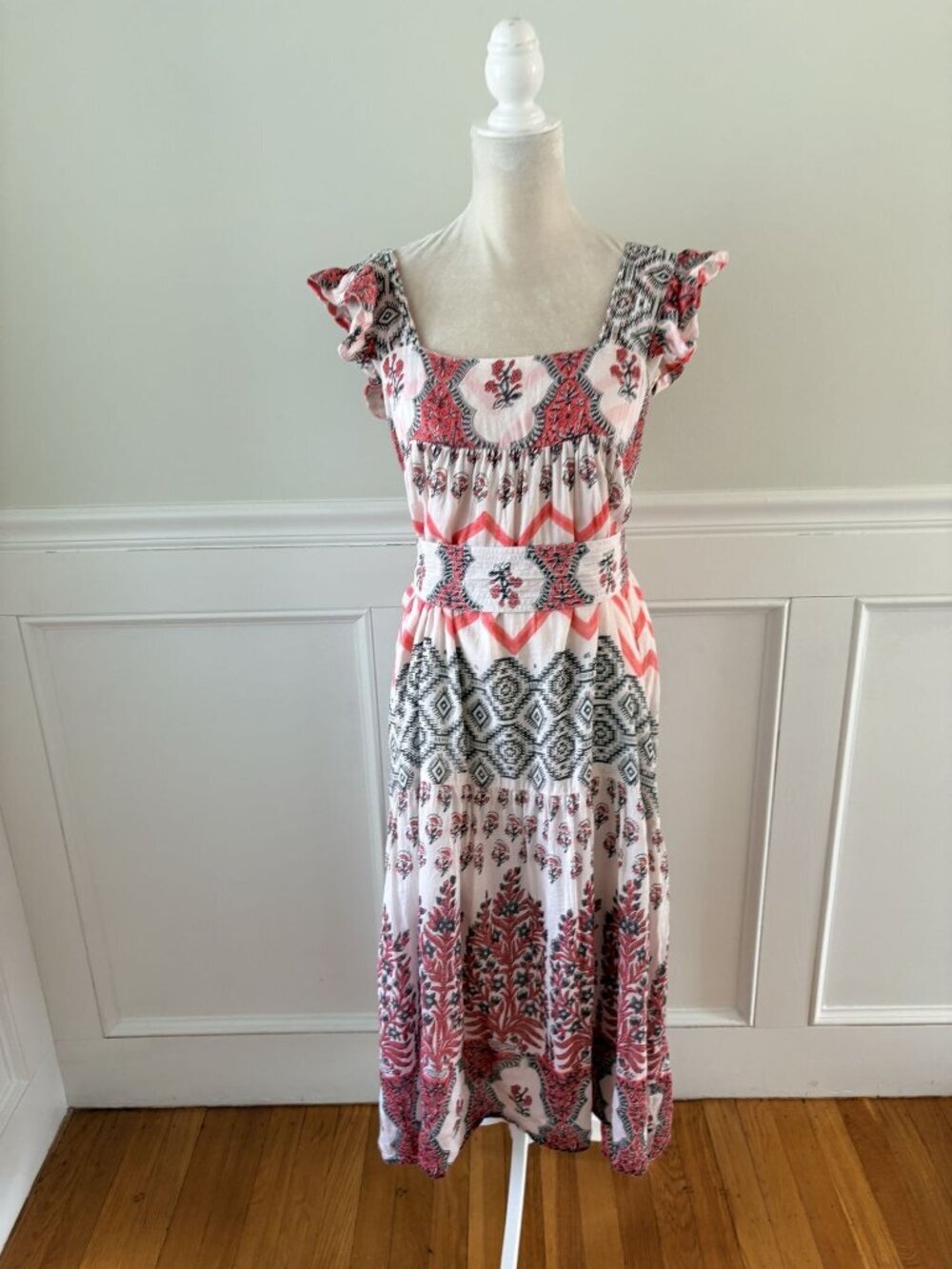Bell By Alicia Bell Rey Midi Dress Belted Flutter Sleeve Pink Print Silk Blend L